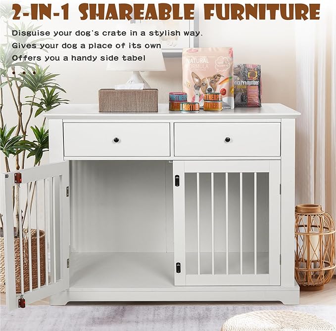 LEMBERI 44 Inch Large Dog Crate Furniture with Storage Drawers, Wooden Dog Kennel Furniture as End Table, Decorative Pet Cage Dog House Indoor for Dogs
