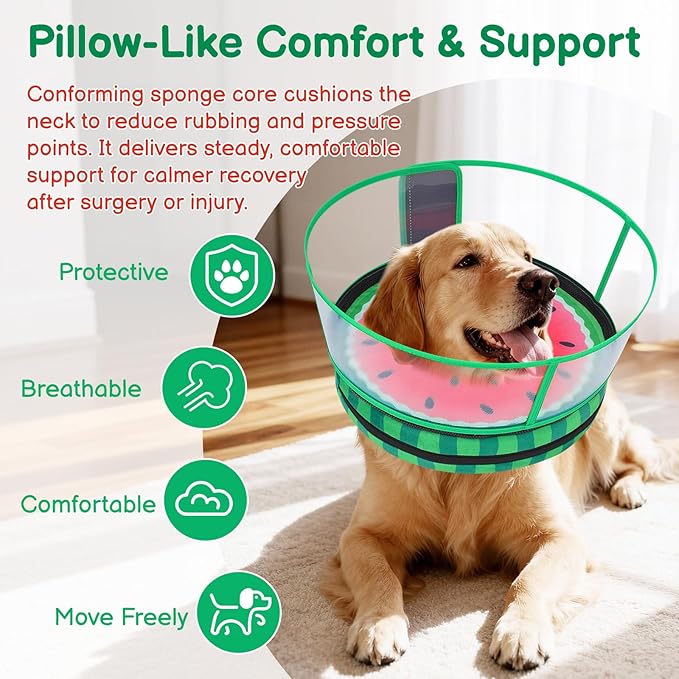 Sponge Dog Cone After Surgery, No Inflation Required Dog Donut Collar to Stop Licking, Inflatable Cone Alternatives for Large Pets, Soft Recovery Collar with Protective Shield (Watermelon, XL)