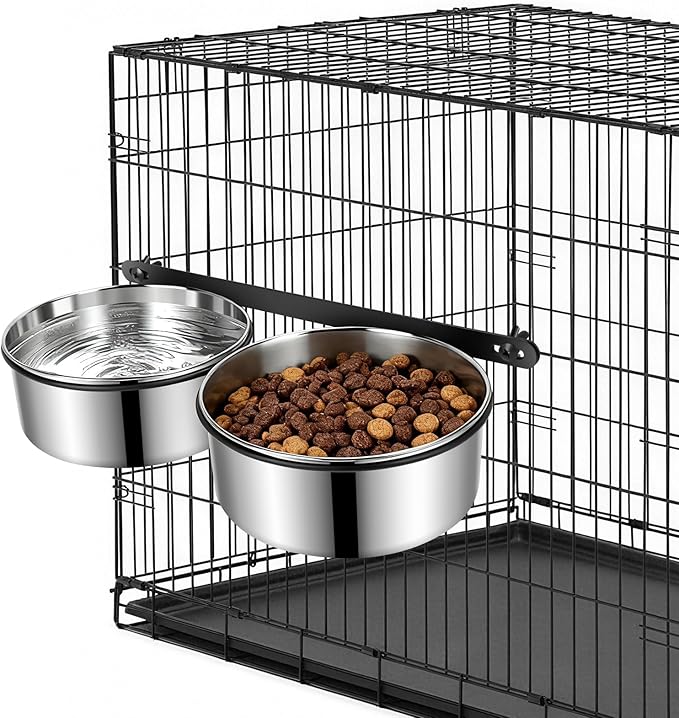 Dog Crate Water Bowls 2Pack, 40oz Stainless Steel Dual Hanging Pet Bowls, Wall-Mounted Dog Food & Water Feeder, Elevated Non-Spill Kennel Bowl Set for Medium & Large Dogs and Cats
