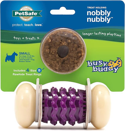 PetSafe Busy Buddy Nobbly Nubbly Treat Holding Dog Toy - Boredom Relief for Strong Chewers - Durable Nylon Build - Dishwasher Safe Design - Includes Treat Rings - Engaging Pet Puzzle - Purple - Small