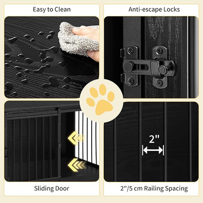 Hzuaneri 27.2" Dog Crate Furniture with Barn Door, Heavy Duty Dog Kennel Indoor with 2 Doors, Wooden Pet Cage End Table for Small Medium Dogs up to 22 lb, Anti-Chew Anti-Escape, Black DFC84304B