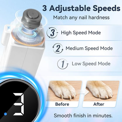 2-in-1 Dog Nail Clippers & Grinder with Light, Quiet Electric Pet Nail Trimmer for Large Medium Small Dogs & Cats, 3 Speeds, Rechargeable, Splash Guard & Safety Lock, Painless Grooming Tool (White)