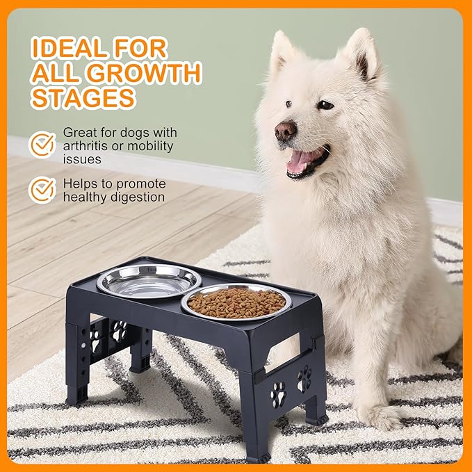 LALOBLUE Elevated Dog Bowls, Raised Bowl with 2 Stainless Steel Food Bowls, Dog Bowls Stand Adjusts to 5 Heights 2.95", 8.46", 9.65", 10.82", 12.01" for Small Medium Large Cats Pets,Black
