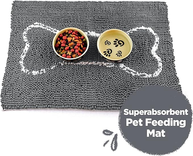 Soggy Doggy Slopmat Dog Food Mat – Absorbent Microfiber Chenille Pet Feeding Mat for Food & Water Bowls, Muddy Paws Small Doormat, Non-Slip, Machine Washable Rug – Gray/Light Gray Bone, 18” x 24”