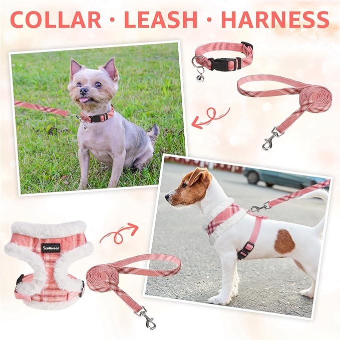 SCENEREAL Small Dog Harness Collar and Leash Set, Mesh Plush No Pull Puppy Vest Harness, Warm Fleece No Chock Small Pet Halter for Outdoor Walking Training, Pink Plaid S
