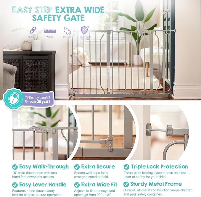 Regalo Safety 29-49" Easy Step Extra Wide Baby Gate for Doorways & Bottom of Stairs, Pressure Mounted Safety Gate with Door for Babies, Toddlers & Pets, Platinum