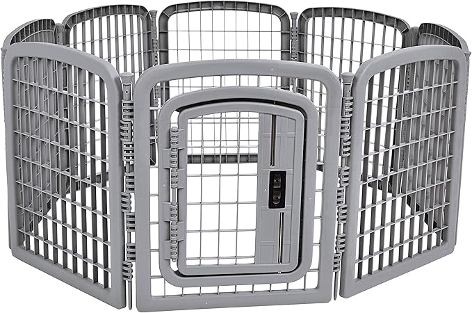 Amazon Basics 8-Panel Octagonal Plastic Dog Playpen, Indoor/Outdoor Pet Fence with Gate, Exercise Pen for Puppies and Small Animals, 28 inches, Grey