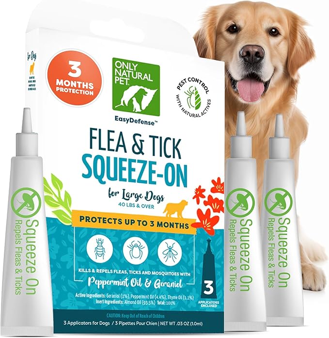 Only Natural Pet Flea and Tick Control for Large Breed Dogs (Over 40 lbs) - EasyDefense Flea & Tick Herbal Squeeze-On Drops - 3 Month Supply (L Sqz.)