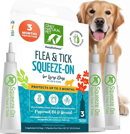 Only Natural Pet Flea and Tick Control for Large Breed Dogs (Over 40 lbs) - EasyDefense Flea & Tick Herbal Squeeze-On Drops - 3 Month Supply (L Sqz.)