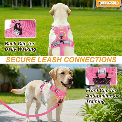 BEAUTYZOO No Pull Dog Harness Large, Adjustable Dog Harness and Leash Set -Easy Wearing with 3 Buckles/Control Handle,No Choke Soft Padded Reflective Pet Vest for Training Walking Hiking,Rose XL