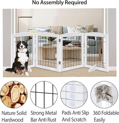 LZRS 4-Panel Freestanding Wooden Dog Gate—Extra Wide 30” Tall Foldable Pet Barrier with Support Feet, Solid Hardwood & Steel Wire Chew-Resistant Safety Gate for Doorways, Hallways, and Stairs, White