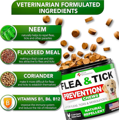 Flea and Tick Prevention for Dogs Chews - Natural Dog Flea and & Tick Control - Advanced Oral Pills Supplement Treatment for All Breeds & Size - Vet Formulated - Soft Chewables - Made in USA
