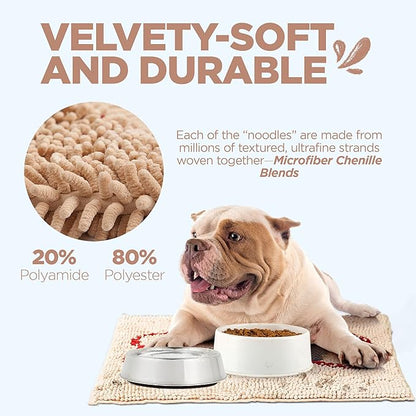 Soggy Doggy Slopmat Dog Food Mat – Absorbent Microfiber Chenille Pet Feeding Mat for Food & Water Bowls, Muddy Paws Small Doormat, Non-Slip, Machine Washable Rug – Beige/Red Bone, 18” x 24”