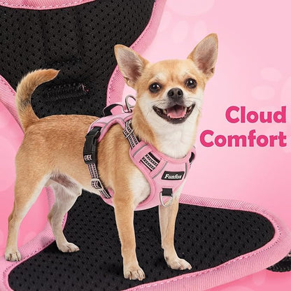 Funfox Dog Harness No Pull, Adjustable Pet Vest Harness, Super Soft Material with Vertical Handle Easy Control, Reflective Night Walking, 2 Leash Clips for Small Sized Dogs, Pink, S