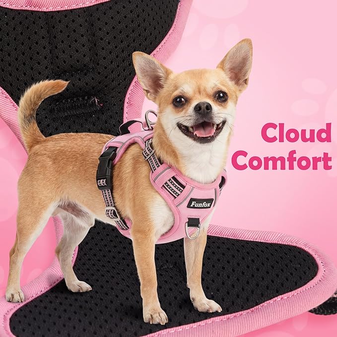 Funfox Dog Harness No Pull, Adjustable Pet Vest Harness, Super Soft Material with Vertical Handle Easy Control, Reflective Night Walking, 2 Leash Clips for Large Dogs, Pink, L