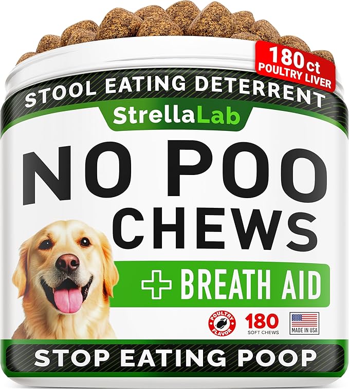 STRELLALAB No Poo Chews for Dogs - Coprophagia Deterrent for Dogs - No Poop Eating - Digestive Enzymes - Gut Health Support - Stop Eating Poop - 180Ct Poultry Liver