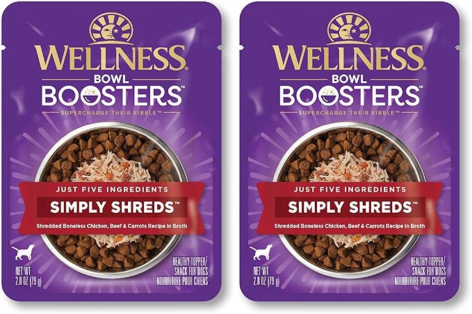 Wellness Bowl Boosters Simply Shreds Wet Dog Food Topper for Small,Medium,& Large Breeds,Grain Free,Natural,Chicken,Beef & Carrots,2.8 Ounce Pouch,(Pack of 24)