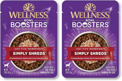 Wellness Bowl Boosters Simply Shreds Wet Dog Food Topper for Small,Medium,& Large Breeds,Grain Free,Natural,Chicken,Beef & Carrots,2.8 Ounce Pouch,(Pack of 24)