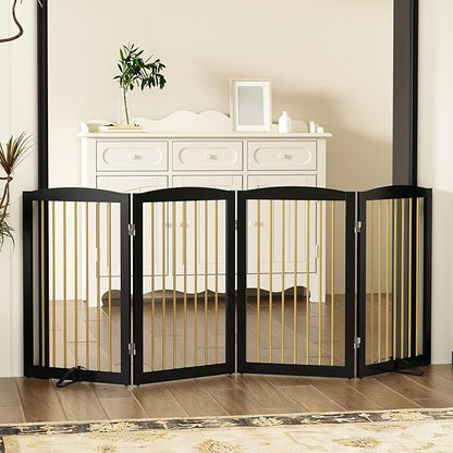 PUPETPO Freestanding Pet Gate for Dogs, Indoor Wooden Dog Gate for House, Foldable Dog Gate for Doorway, Stair, Step Over Pet Puppy Safety Fence Tall, 80 Inch Wide, 4 Panels 32", Black & Gold
