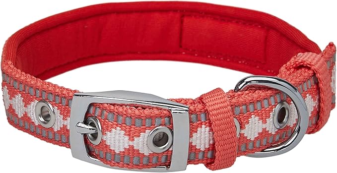 Blueberry Pet Reflective Jacquard Dog Collar with Neoprene Padding & Metal Buckle | Soft & Adjustable Safety Collar - Coral, Neck 13-16.5", for Medium Breed