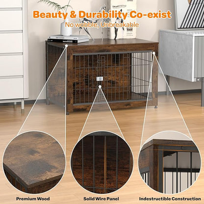Dog Crate Furniture, Wooden Dog Crate 37in, Decorative Cage with End Table for Dog Indoor Kennel, High Anxiety Dog, Escape-Proof Locks for All Breeds