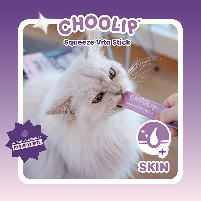 Choolip Squeeze Vita Stick Lickable Cat and Dog Treats, 7-Count Skin and Coat Support, Salmon and Pollack with Biotin and Vitamin E, Vet-Formulated