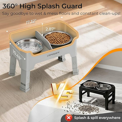 URPOWER Mess Proof Elevated Dog Bowls, High Wall Splash Guard Design, 4 Height Adjustable Raised Bowl Stand, 2 Stainless Steel Bowls, Non-Slip Food Water Set for Small Medium Large Dogs