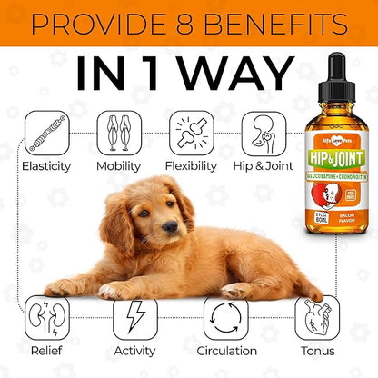 Glucosamine for Dogs + Chondroitinin in Liquid Form – Hip & Joint Supplement for Dogs to Care for Muscular System – Effective Dog Health Supplies with Natural Bacon Flavor – All Breeds Support – 2 oz