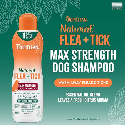 TropiClean Max Strength Flea and Tick Shampoo Treatment for Dogs, Powerful & Natural Defense, Prevention for Large & Small Dogs, Made in USA, 20oz