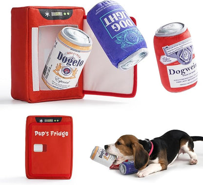 Nocciola Squeaky Beer Dog Toys with a Fridge, Funny Crinkle Hide and Seek Dog Chew Toys for Small Medium Large Breeds, Plush Stuffed Puppy Birthday Gifts