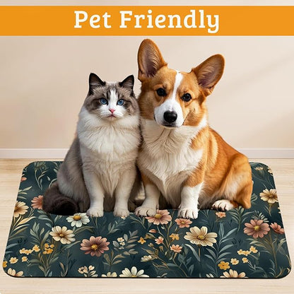 Dog Bowl Mat,Brown Flowers Pet Feeding Mat for Floors Waterproof,White Absorbent Dogs Placemat for Food and Water Quick Dry Pet Cat Feeding Mats with Non Slip Bottom 12" x 20"