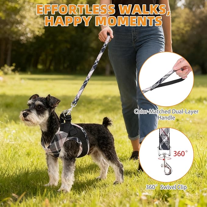KOOLTAIL Small Dog Harness and Leash Set, Cute Puppy Harness, Step in No Pull Soft Mesh Pet Vest Harness Collar for Small Size Dogs Cats Boy Girl, Plaid Dog Halters for Outdoor Walking, Beige XS