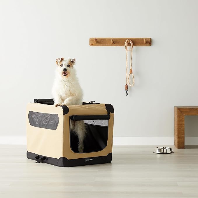 Amazon Basics Portable Folding Soft Dog Crate, Double Door, Collapsible Travel Kennel, Easy to Assemble, Medium, 29.92" x 21.3" x 21.3", Tan