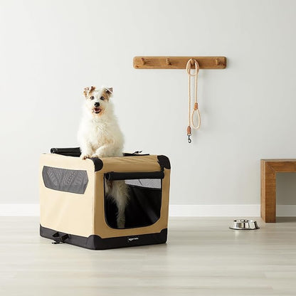 Amazon Basics Portable Folding Soft Dog Crate, Double Door, Collapsible Travel Kennel, Easy to Assemble, Medium, 29.92" x 21.3" x 21.3", Tan