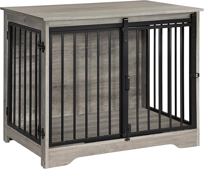 Hzuaneri 31.9" Dog Crate Furniture with Barn Door, Heavy Duty Dog Kennel Indoor with 2 Doors, Wooden Pet Cage End Table for Small Medium Dogs up to 44 lb, Anti-Chew Anti-Escape, Greige DFC83605B