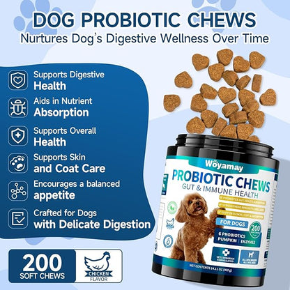 Woyamay Dog Probiotic for Dogs, 200 Soft Treats Dog Probiotics for Digestive Health & Immune System, Probiotic Chews for Dogs, Support Gut Health|Itchy Skin|Diarrhea|Gas Relief Treatment