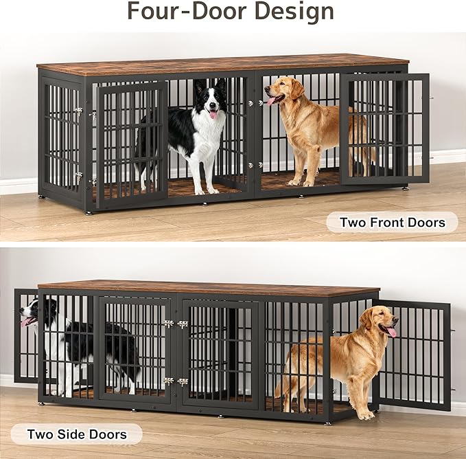 rehomerance 78 Inch Double Dog Crate Furniture, Heavy Duty Extra Large Cage Furniture with Divider for 2 Dogs, Decorative Wooden Kennel Furniture Indoor, Metal Pet House for Large and Medium Dogs