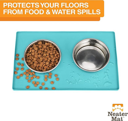 Neater Pet Brands Neater Mat Pet Mats for Food and Water, Cat & Dog Bowl Mat Waterproof Silicone, Feeding Tray, Dog Food Mats for Floors, Placemat w/Raised Edge for Under Bowls, 16” x 10”, Aquamarine