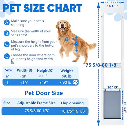 Dog Door for Sliding Glass Door,3-Layer Reinforce Door Flap,Thermal Insulation,Anti Deform,Magnetic Strip X2 Effective Weatherproof,Heavy-Duty Aluminum Frame,76-80" Adjust,for Large Dog Under 90lb