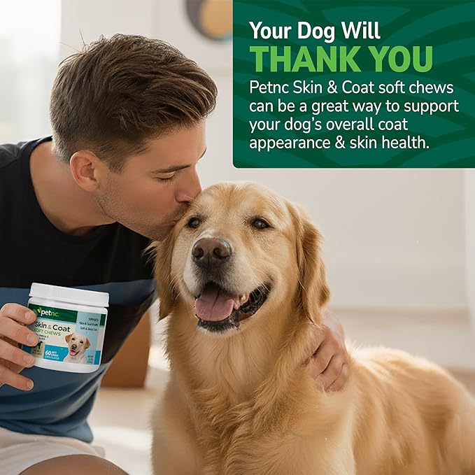 Petnc Dog Skin and Coat Supplement (60 Chewables), With Omega 3, EPA & DHA, Promotes Healthy Skin & Glossy Coat, For Dogs 18 Weeks & Older, Liver Flavor