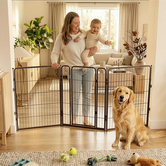 FXW Dog Gate Extra Wide Designed for Indoor Use, Adjustable Width Up to 83-inch Wide (40" H 3 Wire Panels for Medium and Large Dogs), Black
