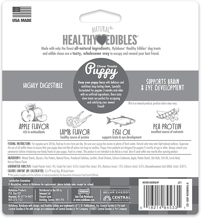 Nylabone Healthy Edibles Natural Puppy Chews Long Lasting Treats for Puppies, Lamb & Apple Flavor, Small/Regular (4 Count) (Pack of 2)