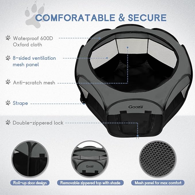Goozii Portable Puppy Playpen Indoor, Small Dog Playpen, Pop Up Kitten Cat Play Pen Tent for Outdoor, Foldable Pet Cage Crate Kennel with Zip Gate Top Cover Bottom for Travel Camping RV Car (Black)