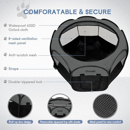 Goozii Portable Puppy Playpen Indoor, Small Dog Playpen, Pop Up Kitten Cat Play Pen Tent for Outdoor, Foldable Pet Cage Crate Kennel with Zip Gate Top Cover Bottom for Travel Camping RV Car (Black)