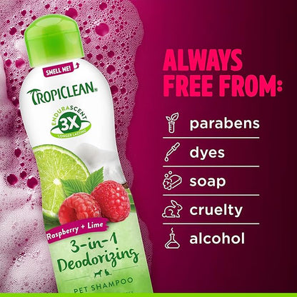 TropiClean Deodorizing Dog Shampoo, Powerful Odor Control, Long-Lasting Raspberry Lime Scent, Puppy Safe, Made in The USA, Cat Friendly, 20oz.