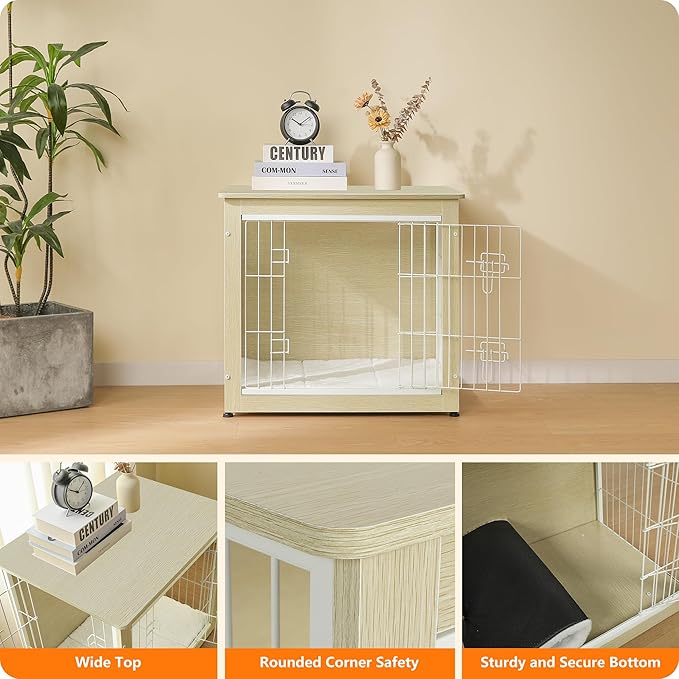 DWANTON Dog Crate Furniture with Cushion, Wooden Kennel Table with Double Doors, Indoor Dog House, Small/Medium/Large Size, 27.2" L, White Oak