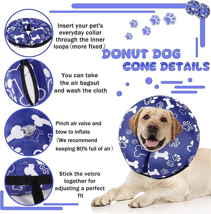 Recovery Donut Collar for Dogs & Cat,Inflatable Dog Cone Collar Alternative After Surgery,Soft Cone for Large Medium Small Dog,Adjustable Pet Neck Donut(Darkblue Bone,Medium+