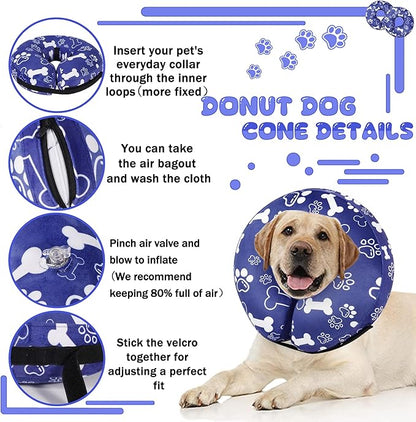 Recovery Donut Collar for Dogs & Cat,Inflatable Dog Cone Collar Alternative After Surgery,Soft Cone for Large Medium Small Dog,Adjustable Pet Neck Donut(Darkblue Bone,Medium+