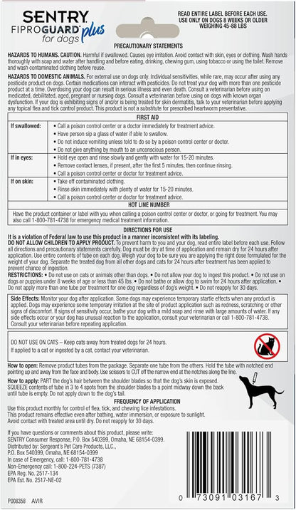 Sentry Fiproguard Plus for Dogs, Flea and Tick Prevention for Dogs (45-88 Pounds), Includes 6 Month Supply of Topical Flea Treatments