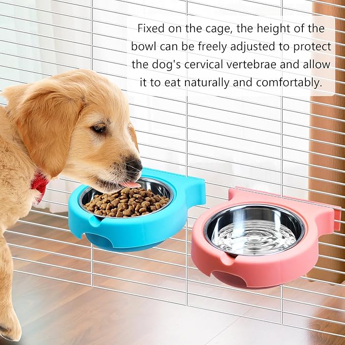kathson Crate Dog Bowl, Removable Stainless Steel Hanging Pet Cage Bowl Food & Water Feeder Coop Cup for Cat, Puppy, Birds, Rats, Guinea Pigs (2pcs, Pink and Blue)